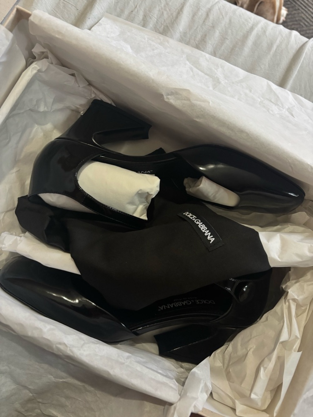 Dolce & Gabbana Black Patent Leather Square-Toe Heel Maryjane’s